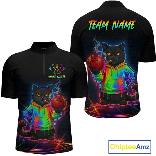 Custom Neon Black Cat Bowling Jersey for Men Funny Bowling League Bowling Team Shirts HN291
