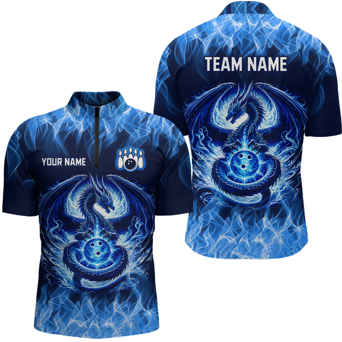 Custom Blue Dragon Flame Bowling Jersey for Men Bowling Team Shirts Bowling Polo & 1/4 Zip HNT189