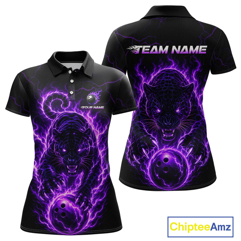 Black polo shirt with purple panther design on front and back, featuring 'Team Name' text.