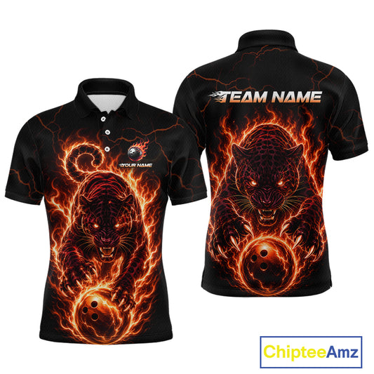Black polo shirt with fiery panther design on front and back, featuring 'Team Name' text.