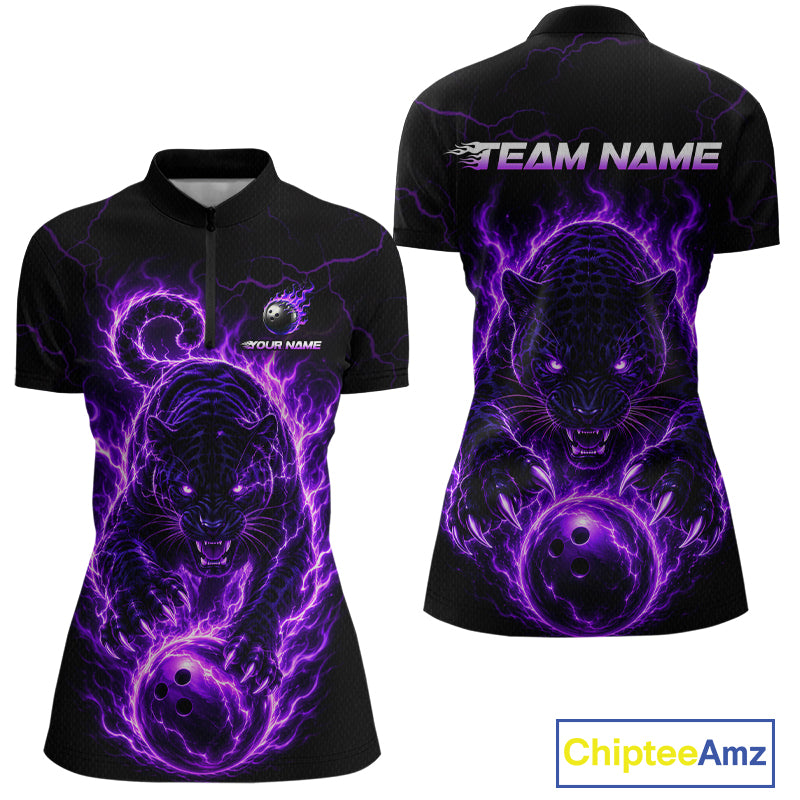 Black polo shirt with purple panther design on front and back, featuring 'Team Name' text.