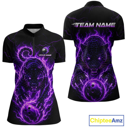 Black polo shirt with purple panther design on front and back, featuring 'Team Name' text.