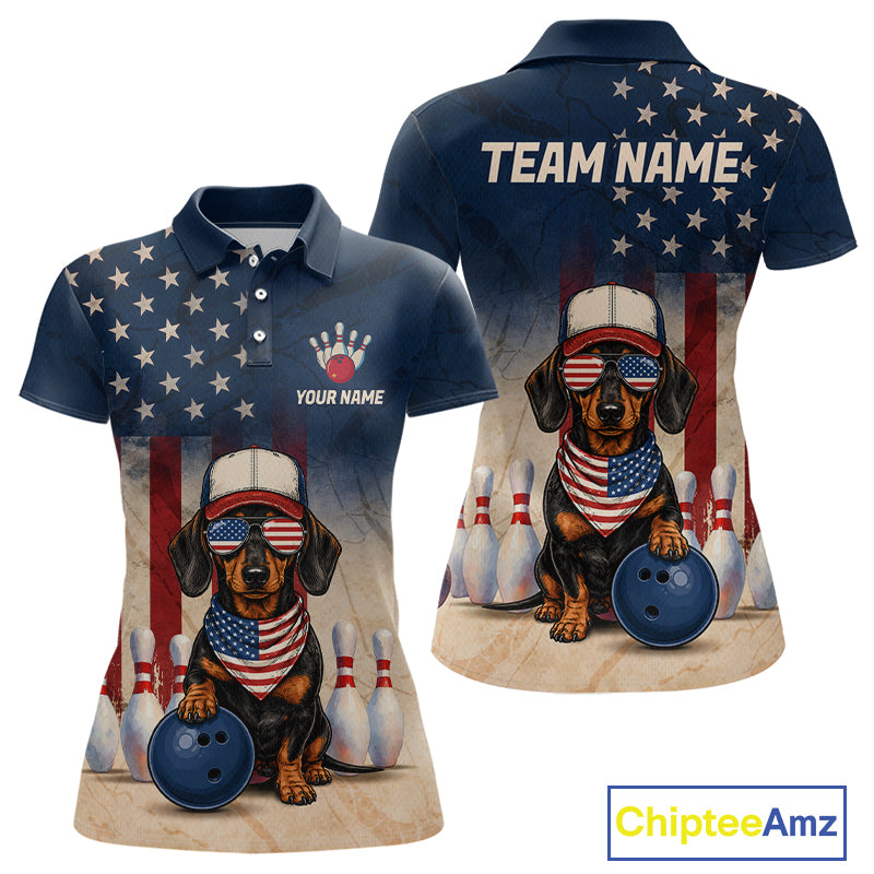 Polo shirt with dachshund graphic, American flag, and bowling elements on a white background