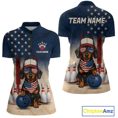 Bowling shirt with dachshund design, American flag, and 'Team Name' text on a white background.