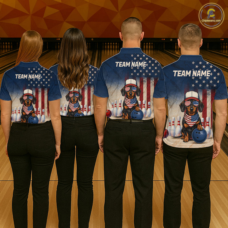 Four people wearing matching bowling shirts with a dog graphic and 'Team Name' text on a bowling alley background.