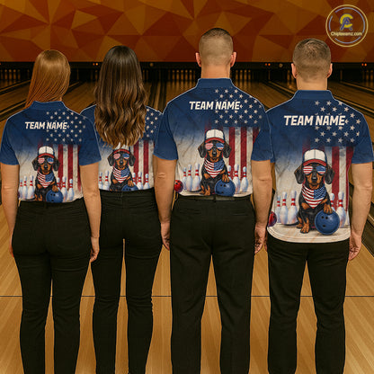 Four people wearing matching bowling shirts with a dog graphic and 'Team Name' text on a bowling alley background.