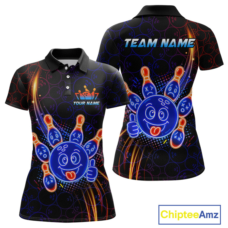 Front and back views of a black bowling polo shirt with neon blue and orange cartoon bowling ball and pin graphics, plus custom team name and player name text.