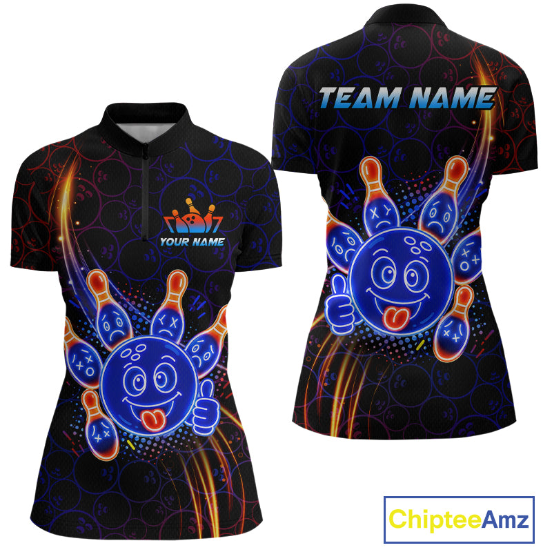 Front and back views of a black bowling quarter zip shirt with neon blue and orange cartoon bowling ball and pin graphics, plus custom team name and player name text.