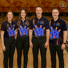 Load image into Gallery viewer, Four-person bowling team with neon blue and orange cartoon bowling ball and pin graphics, plus custom team name and player name text.