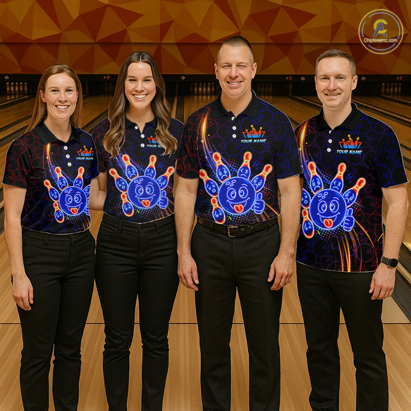 Four people wearing of a black bowling polo shirt with neon blue and orange cartoon bowling ball and pin graphics, plus custom team name text.
