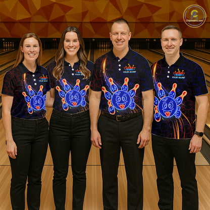 Four people wearing of a black bowling polo shirt with neon blue and orange cartoon bowling ball and pin graphics, plus custom team name text.