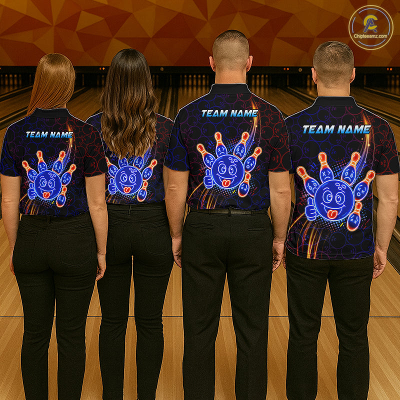 Four people wearing of a black bowling polo shirt with neon blue and orange cartoon bowling ball and pin graphics, plus custom team name text.