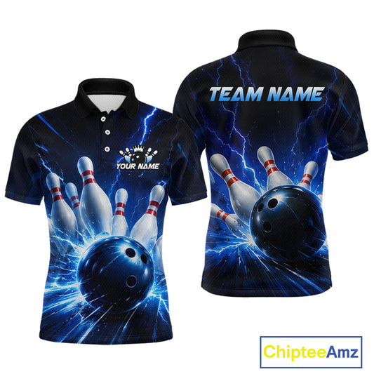 Front and back views of a black and blue bowling polo shirt featuring lightning effects, a large blue bowling ball striking pins, and custom team and player name text.