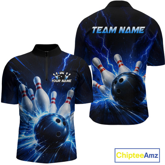Front and back views of a black and blue bowling quarter zip shirt featuring lightning effects, a large blue bowling ball striking pins, and custom team and player name text.