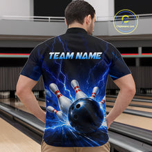 Load image into Gallery viewer, Man wearing a black and blue bowling quarter zip shirt featuring lightning effects, a large blue bowling ball striking pins, and custom team name text.