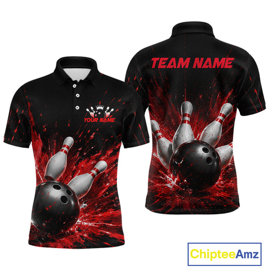 Front and back views of a black bowling polo shirt with dramatic red splatter graphics, a large black bowling ball, and flying pins, plus custom team and player name text.