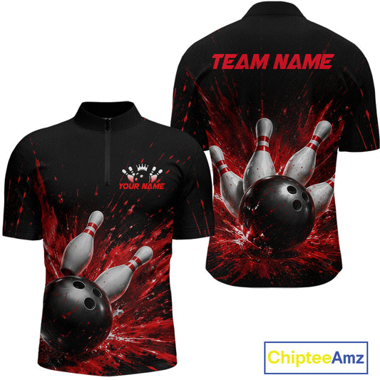 Front and back views of a black bowling quarter zip shirt with dramatic red splatter graphics, a large black bowling ball, and flying pins, plus custom team and player name text.