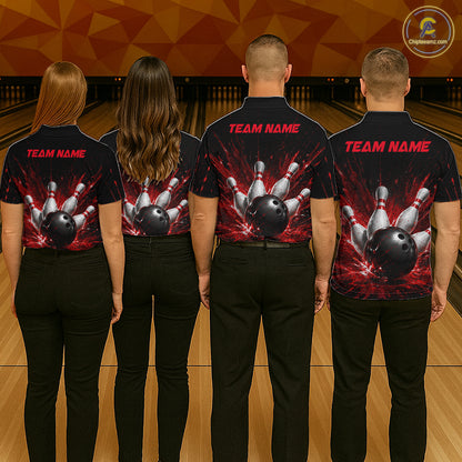 Four people wearing a black bowling polo shirt with dramatic red splatter graphics, a large black bowling ball, and flying pins, plus custom team name text.
