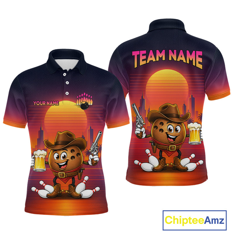 Front and back views of a short-sleeve polo shirt featuring a cartoon bowling character in a cowboy outfit with bowling pins, bowling balls, beer mugs, and a sunset gradient background. The shirt has customizable text placeholders 'YOUR NAME' on the front chest and 'TEAM NAME' on the back neck.