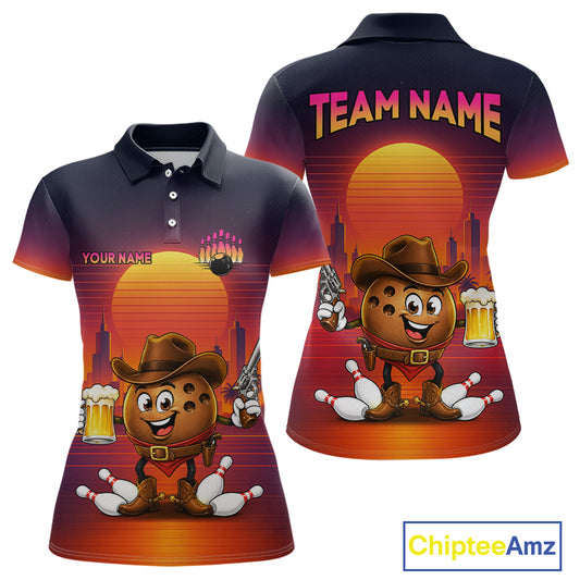 Custom Funny Cowboy Beer Bowling Team Shirts Retro Sunset Bowling Jersey for Women HNT463