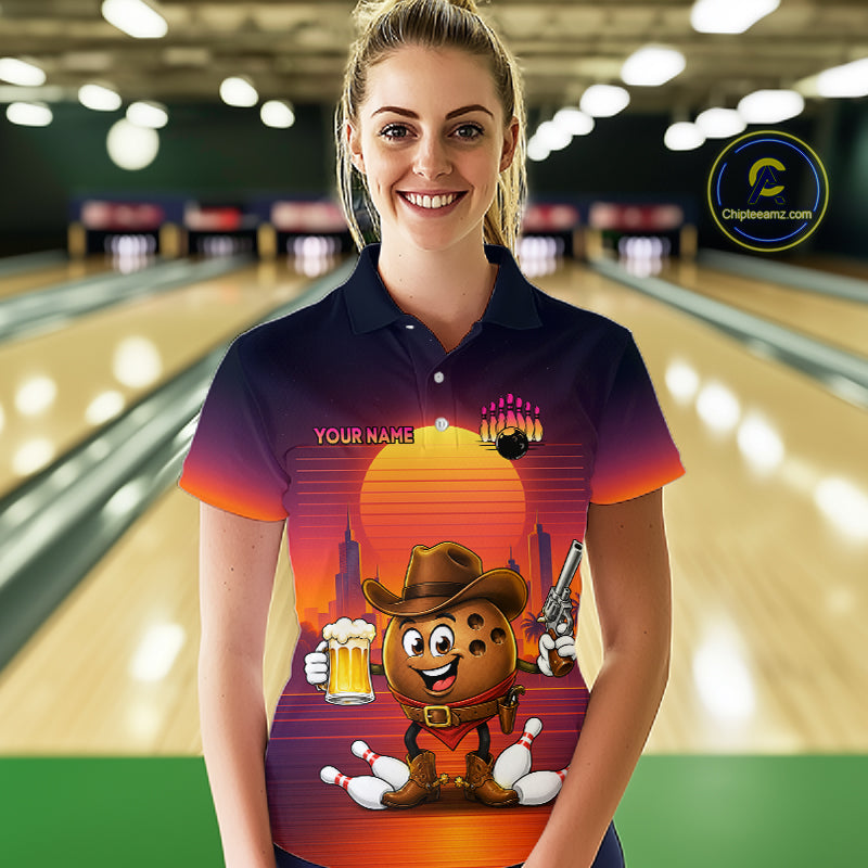 Custom Funny Cowboy Beer Bowling Team Shirts Retro Sunset Bowling Jersey for Women HNT463