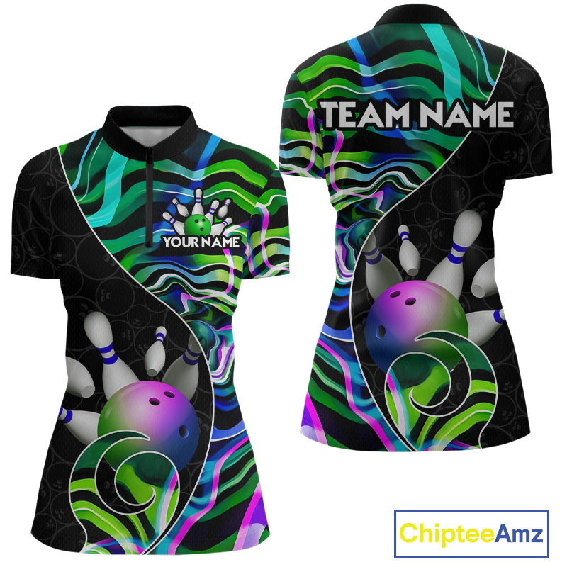 Custom Green Neon Wave Bowling Team Shirts, Strike Bowling Shirts For Women Bowling Jersey HNT465