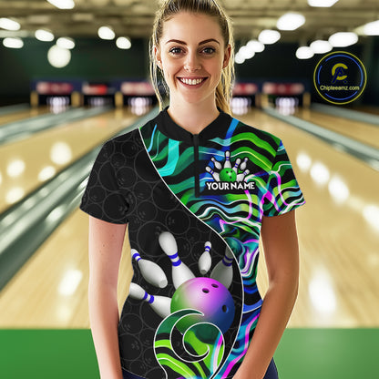 Custom Green Neon Wave Bowling Team Shirts, Strike Bowling Shirts For Women Bowling Jersey HNT465