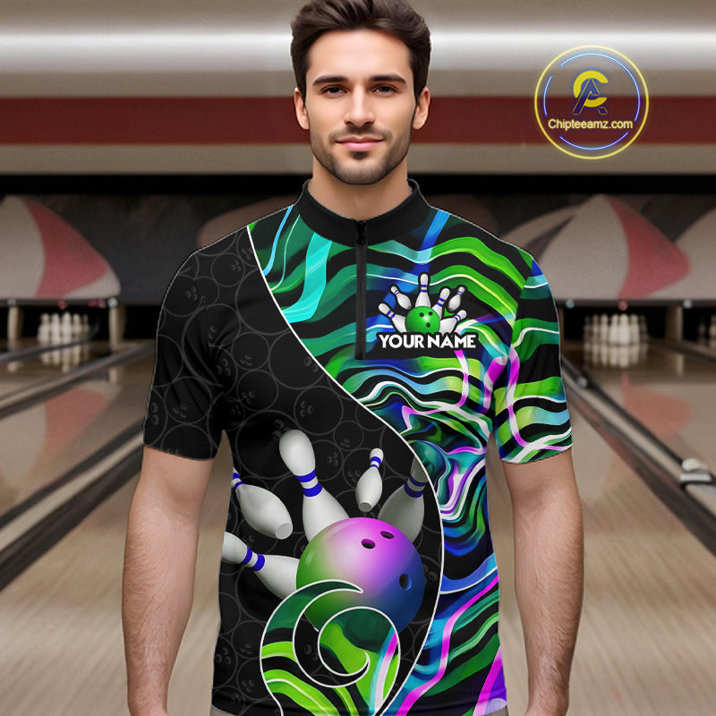 Custom Green Neon Wave Bowling Team Shirts, Strike Bowling Shirts For Men Bowling Jersey HNT465
