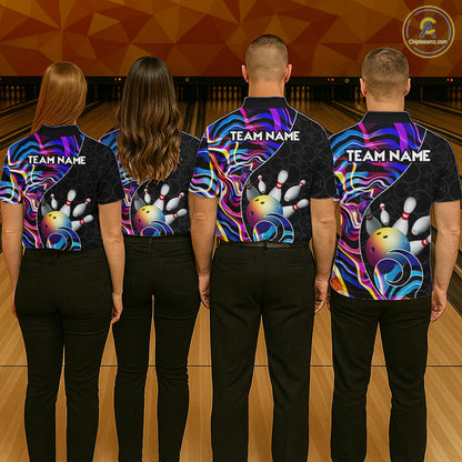 Custom Blue Neon Wave Bowling Team Shirts, Strike Bowling Shirts For Women Bowling Jersey HNT465
