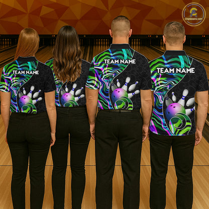 Custom Green Neon Wave Bowling Team Shirts, Strike Bowling Shirts For Women Bowling Jersey HNT465