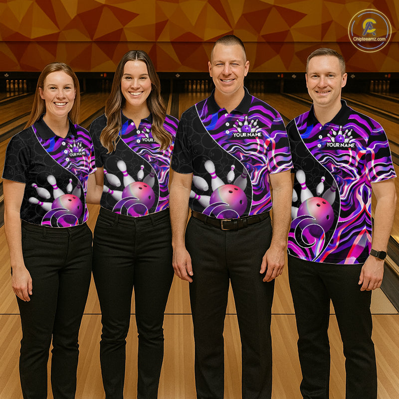 Custom Purple Neon Wave Bowling Team Shirts, Strike Bowling Shirts For Women Bowling Jersey HNT465