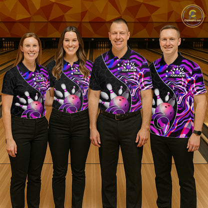 Custom Purple Neon Wave Bowling Team Shirts, Strike Bowling Shirts For Women Bowling Jersey HNT465