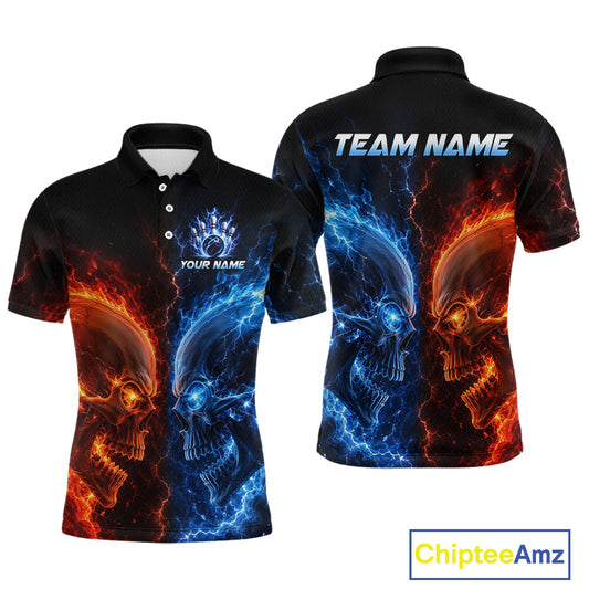 Custom fire lightning skull bowling jersey for men, custom team bowling polo shirt front view and back view