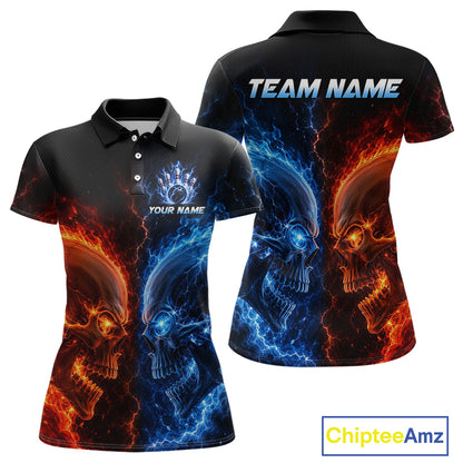 Custom fire lightning skull bowling jersey for women, custom team bowling polo shirt front view and back view