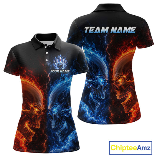 Custom fire lightning skull bowling jersey for women, custom team bowling polo shirt front view and back view