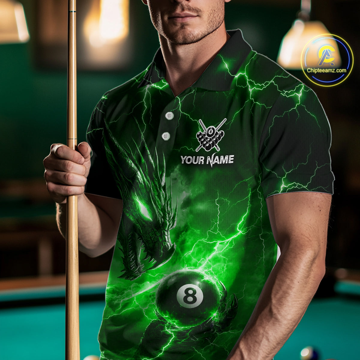 Custom Green Lightning Dragon 8 Ball Billiard Shirts for Men Billiard Team Jerseys Billiard League NNT281