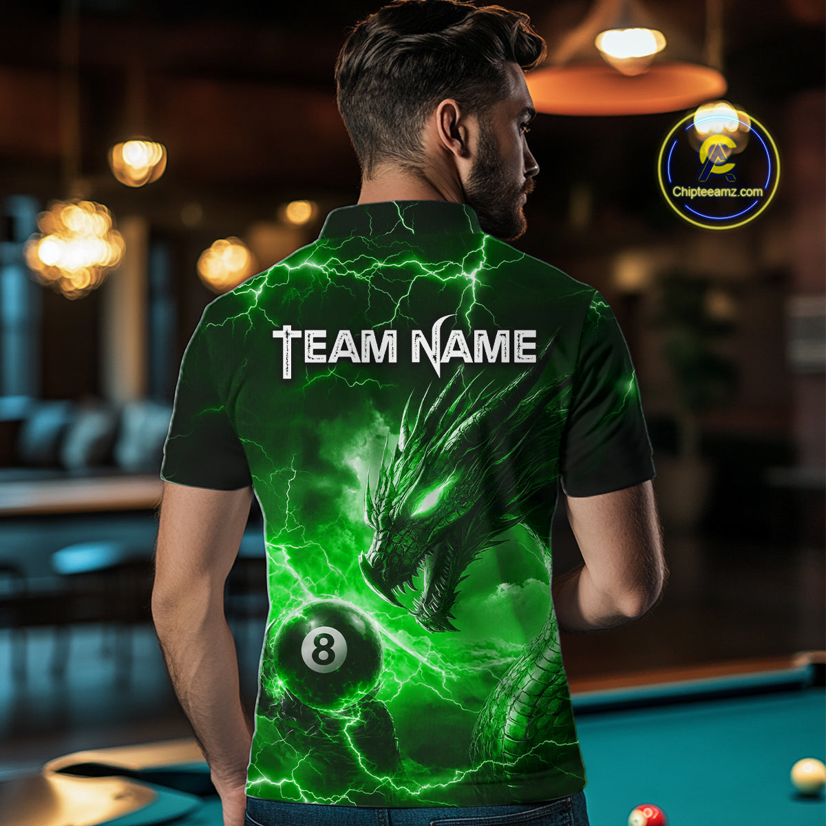 Custom Green Lightning Dragon 8 Ball Billiard Shirts for Men Billiard Team Jerseys Billiard League NNT281