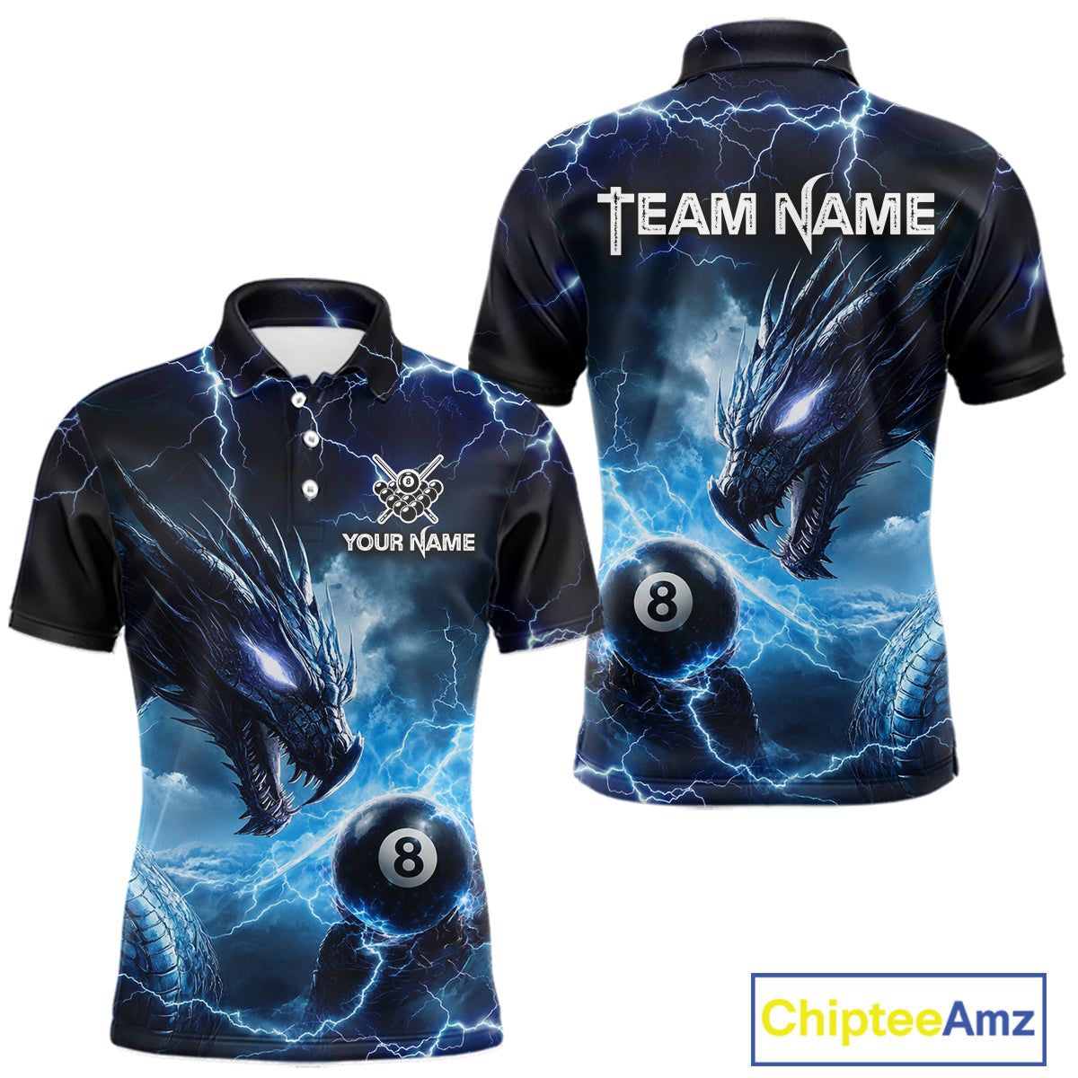 Custom Blue Lightning Dragon 8 Ball Billiard Shirts for Men Billiard Team Jerseys Billiard League NNT281