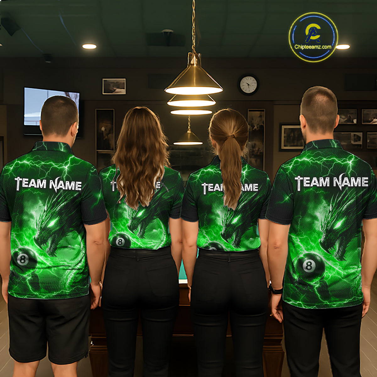 Custom Green Lightning Dragon 8 Ball Billiard Shirts for Men Billiard Team Jerseys Billiard League NNT281