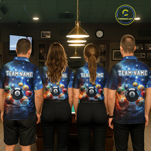Load image into Gallery viewer, Four people wearing matching sports jerseys with billiard ball designs in a pool hall.