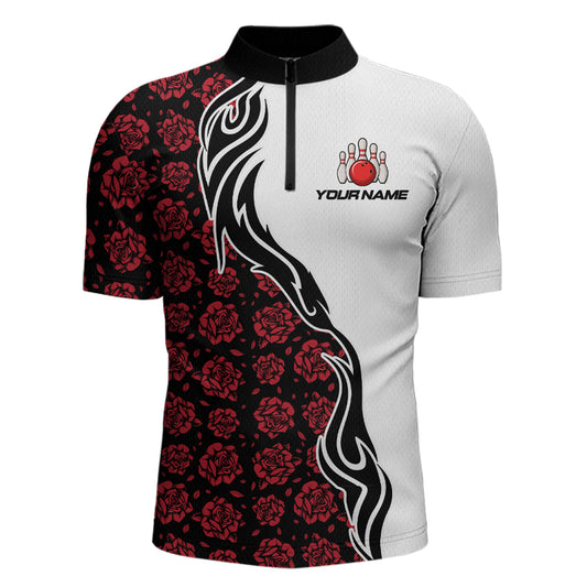 Custom Red Rose Flowers Bowling Jersey for Men Polo & 1/4 Zip Bowling Team Shirts HNT212
