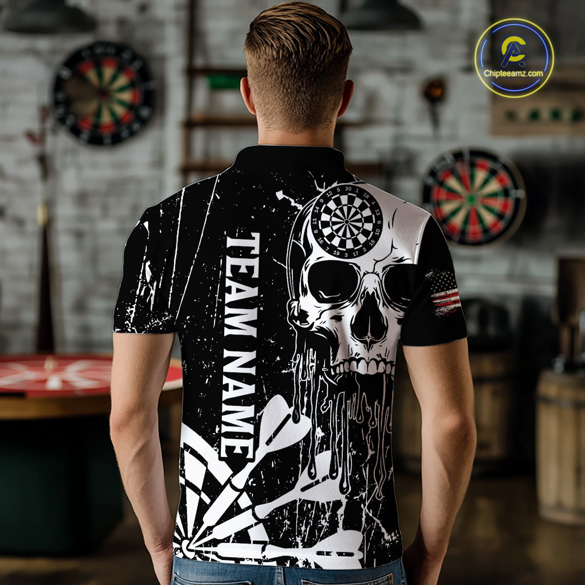 Custom White Skull Darts Board Dart Shirts for Men Darts Team Jerseys Polo & 1/4 Zip NNT133