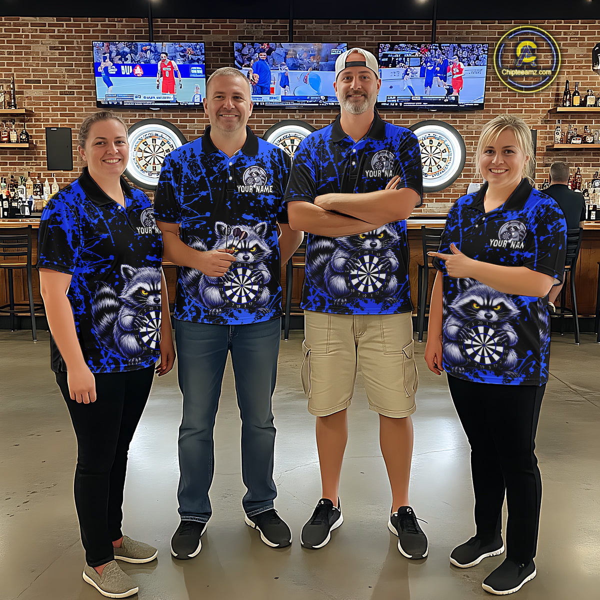 Custom Blue Raccoon Funny Dart Shirt Dart Team Jersey for Women Dartboard Polo & 1/4 Zip Shirts NNT170