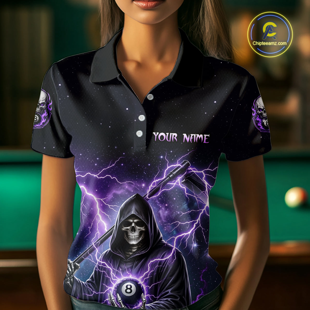 Person wearing a black billiards polo with purple lightning, a hooded grim reaper holding an 8-ball, and custom team and player name text.