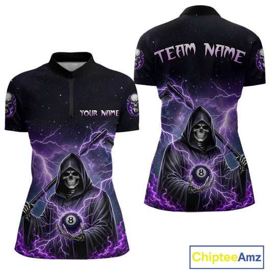 Front and back views of a black billiards quarter zip with purple lightning, a hooded grim reaper holding an 8-ball, and custom team and player name text.