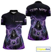 Load image into Gallery viewer, Front and back views of a black billiards quarter zip with purple lightning, a hooded grim reaper holding an 8-ball, and custom team and player name text.