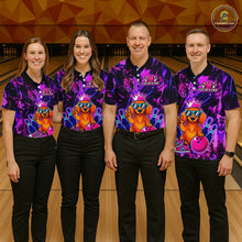Load image into Gallery viewer, Four people wearing black and purple bowling polo shirt featuring a cartoon dachshund wearing sunglasses and a crown, holding a pink bowling ball, with custom your name text.