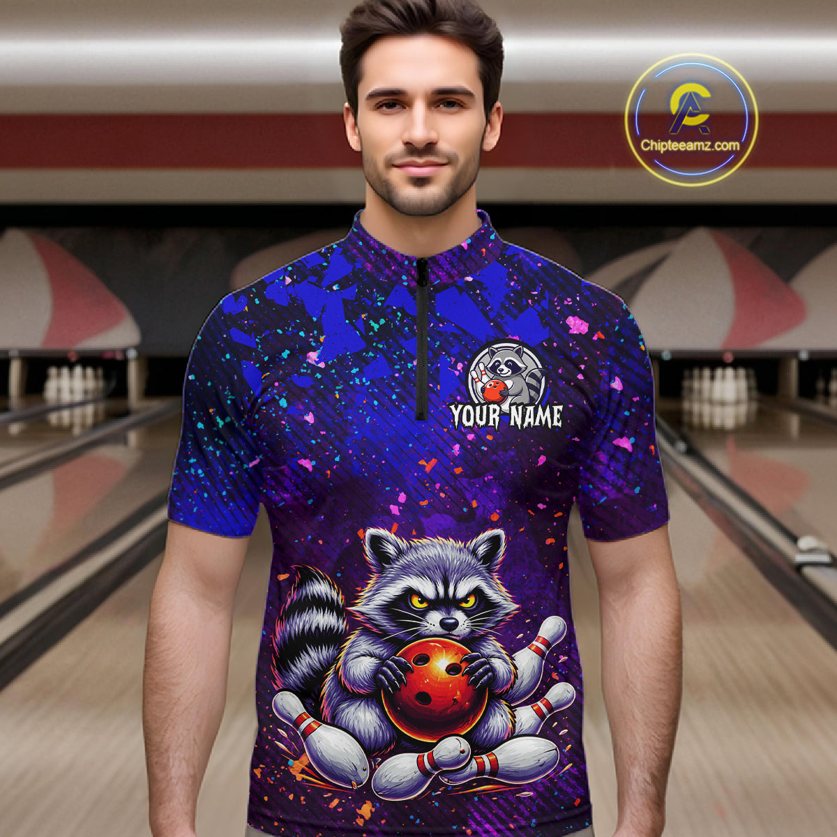 Custom Funny Raccoon Bowling Jersey for Men Bowling Tournament Polo & 1/4 Zip Bowling Team Shirts HNT216