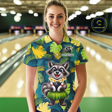 Load image into Gallery viewer, Woman wearing a tropical bowling polo featuring a smiling raccoon mascot in a grass skirt, leafy patterns, bowling pins, and custom your name text.