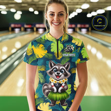 Load image into Gallery viewer, Woman wearing a tropical bowling quarter zip featuring a smiling raccoon mascot in a grass skirt, leafy patterns, bowling pins, and custom your name text.